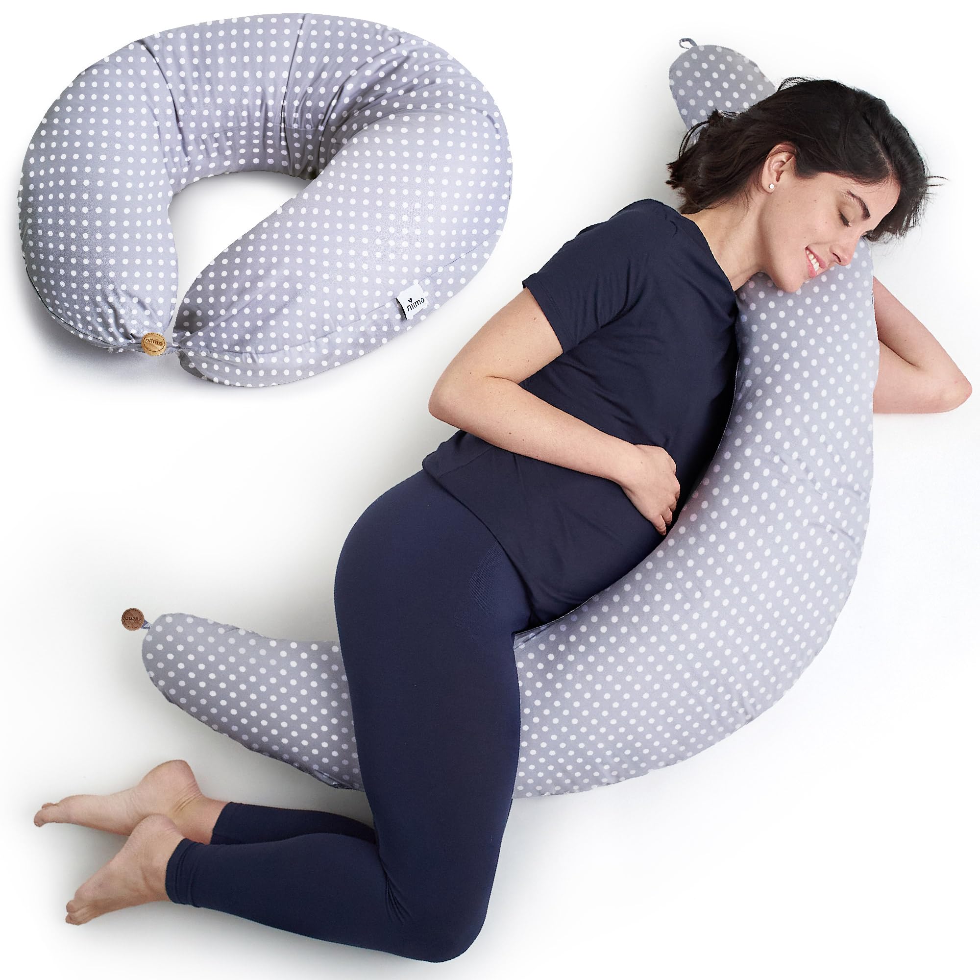Niimo XXL Pregnancy Pillow & Nursing Pillow - 2-in-1 Design with a 100% Cotton Cover, Machine-Washable, White Dots (200 x 70 cm)