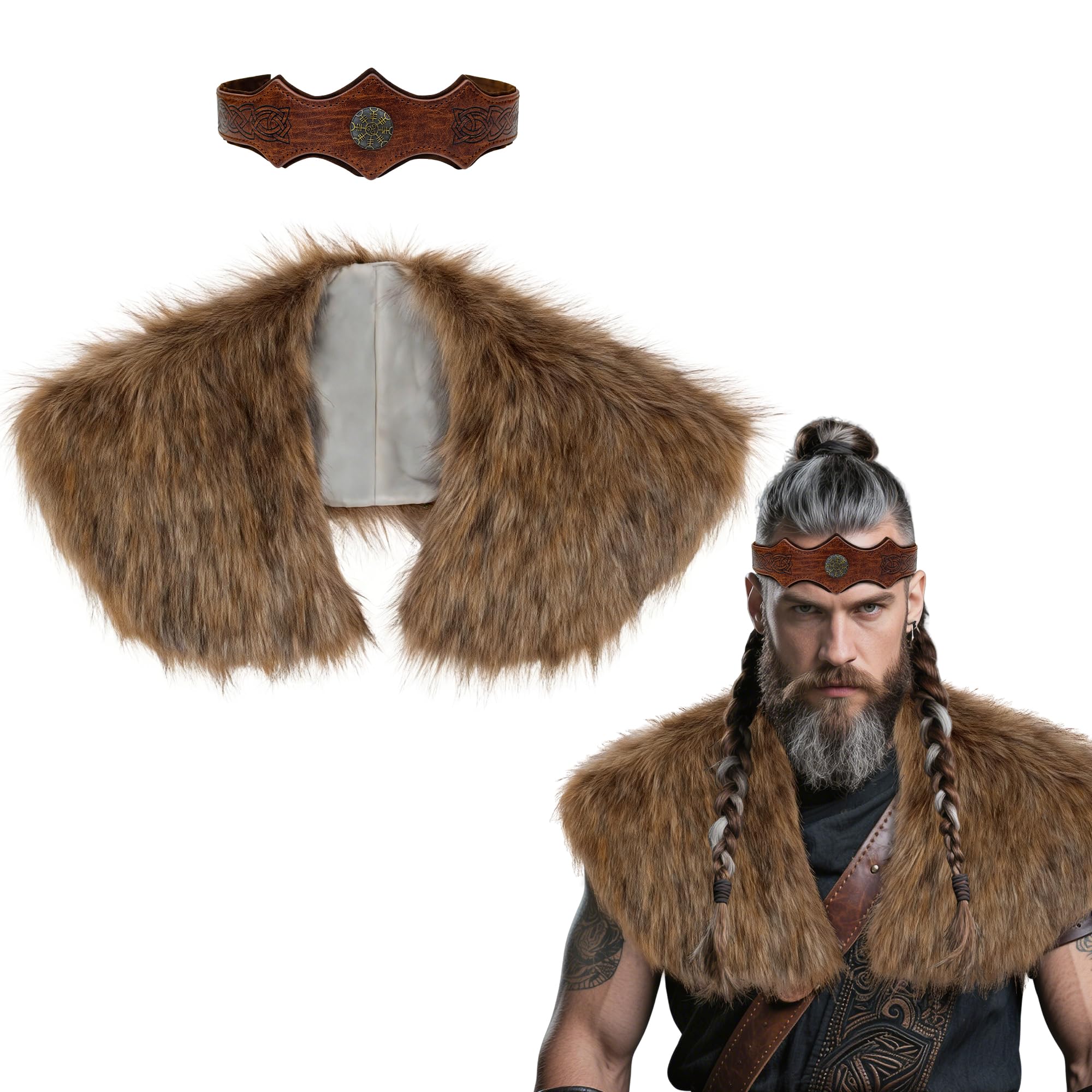 Vifcotlyp Viking Faux Fur Shawl, Renaissance Costume Accessories Men Medieval Fur Cloak Cape Shoulder Wrap Collar with Leather Headband Barbarian Costume for Halloween Cosplay