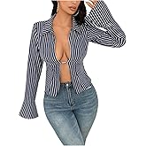 SOLY HUX Women's Striped Shirt Open Front Bell Long Sleeve Collared Blouse Tops