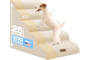 Miorun Extra Wide Dog Stairs for Large Dogs Up to 80lbs, 25" Pet Steps for High Bed with Washable Cover, 5-Step Foam Bed & Couch Ladder for Small Medium Dogs & Senior Cat, Beige