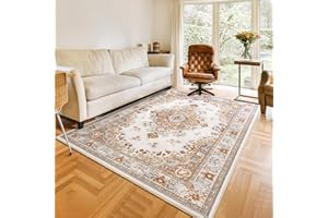 HOMORE Living Room Rug 5x7 Beige Rugs for Living Room, Non Slip Washable Rugs for Bedroom Faux Wool Throw Rug for Dining Room Office Vintage Floral Rug for Entryway Kitchen Farmhouse Home Decor