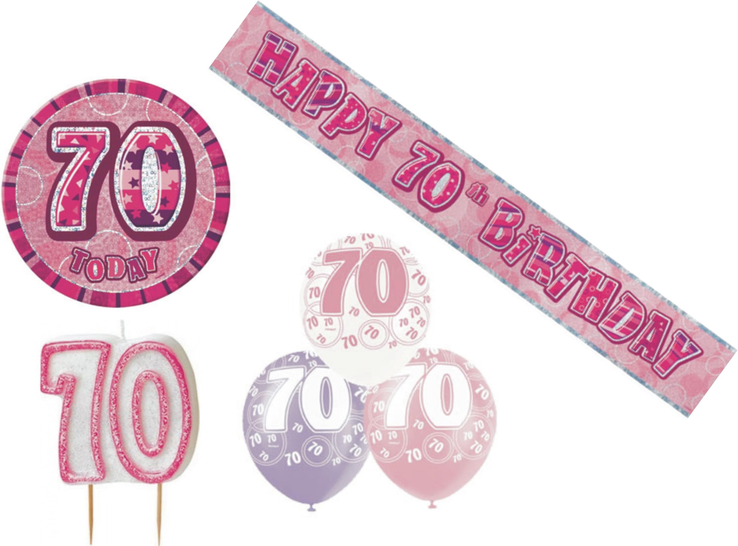 70th BIRTHDAY GLITZ DESIGN PINK & SILVER PARTY PACK BALLOON BANNER CANDLE BADGE