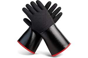 GRILL ARMOR GLOVES BBQ Gloves - Waterproof and Extreme Heat Resistant up to 932°F - Food-Grade Neoprene Rubber Mitts for Cooking, Grill, Grilling, Oven, Baking, Fire Pit - Non-Slip Grip, Cotton Lining and 14” Sleeve
