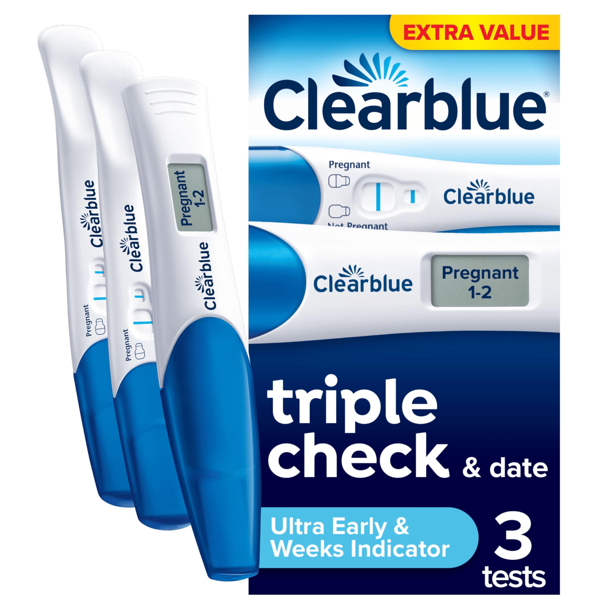 Clearblue Pregnancy Test Ultra Early Triple-Check & Date Combo Pack, Results 6 Days (Visual Sticks) Tells You How Many Weeks (Digital Stick), Kit Of 3 Tests (1 Digital, 2 Visual), Packaging May Vary