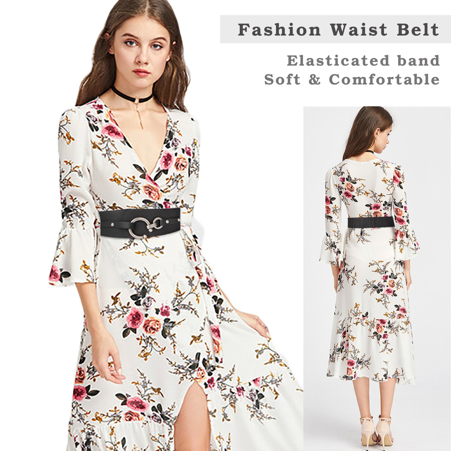 Women\'s Wide Stretchy Cinch Belt Vintage Semi Ring Buckle Leather Belts S-XXL