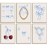 DULASI Coquette Blue Bow Wall Art Prints, Set of 6 Unframed, Preppy Coquette Room Decor, Soft Aesthetic Cherry & Ribbon Posters for Teen Girls Bedroom, Light Blue French Style Wall Decor, 12x16 inch