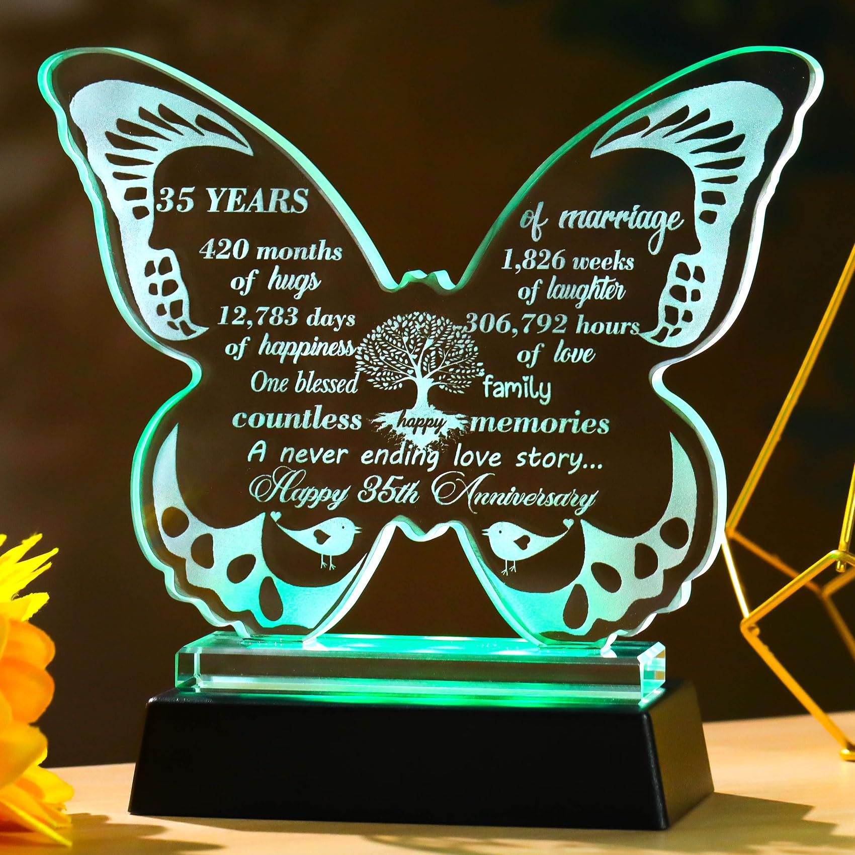 Ornalrist Happy 35th Wedding Anniversary Love Gifts, 5.35" Crystal Butterfly Keepsake 35 Years of Marriage Ornament with LED Base 35th Anniversary Presents for Her Wife Husband