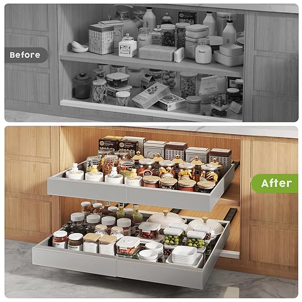 SEINLOES 2 PACK PULL OUT CABINET ORGANIZERS 21″DEEP WITH RAISING PAD FOR FRAMED CABINETS,EXPANDABLE SLIDE OUT DRAWERS UPGRADE 3 SLIDE RAILS,ROLL OUT SHELVES ADHESIVE,ADJUSTABLE WIDTH 12″-20.45″ SILVER