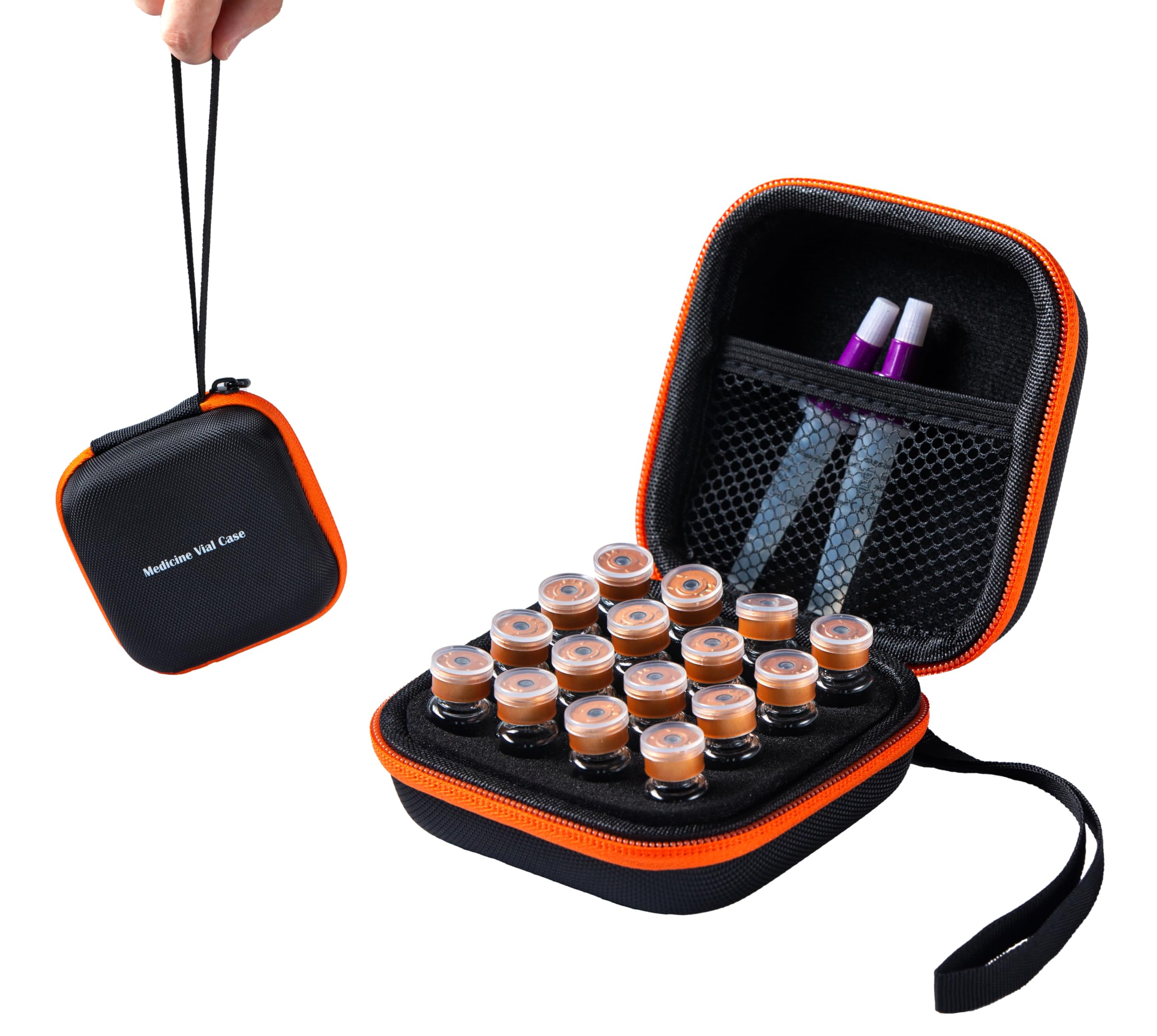 Photo 1 of Peptide Vial Case for Fridge, Fits 1-3ml Vial Storage for Peptide, Insulin, GLP-1 Etc,with Hand Strap and Logo,16 Slots, Black and Orange Zipper, Pack of 1