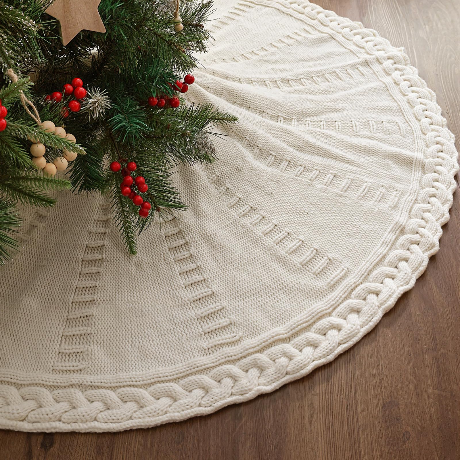 Photo 1 of 48 Inch Christmas Tree Skirt: Braided Cable Knit Tree Skirt for 7.5FT Tree, Cream White Tree Skirt, Vintage Tree Skirts, Rustic Farmhouse Christmas Decorations