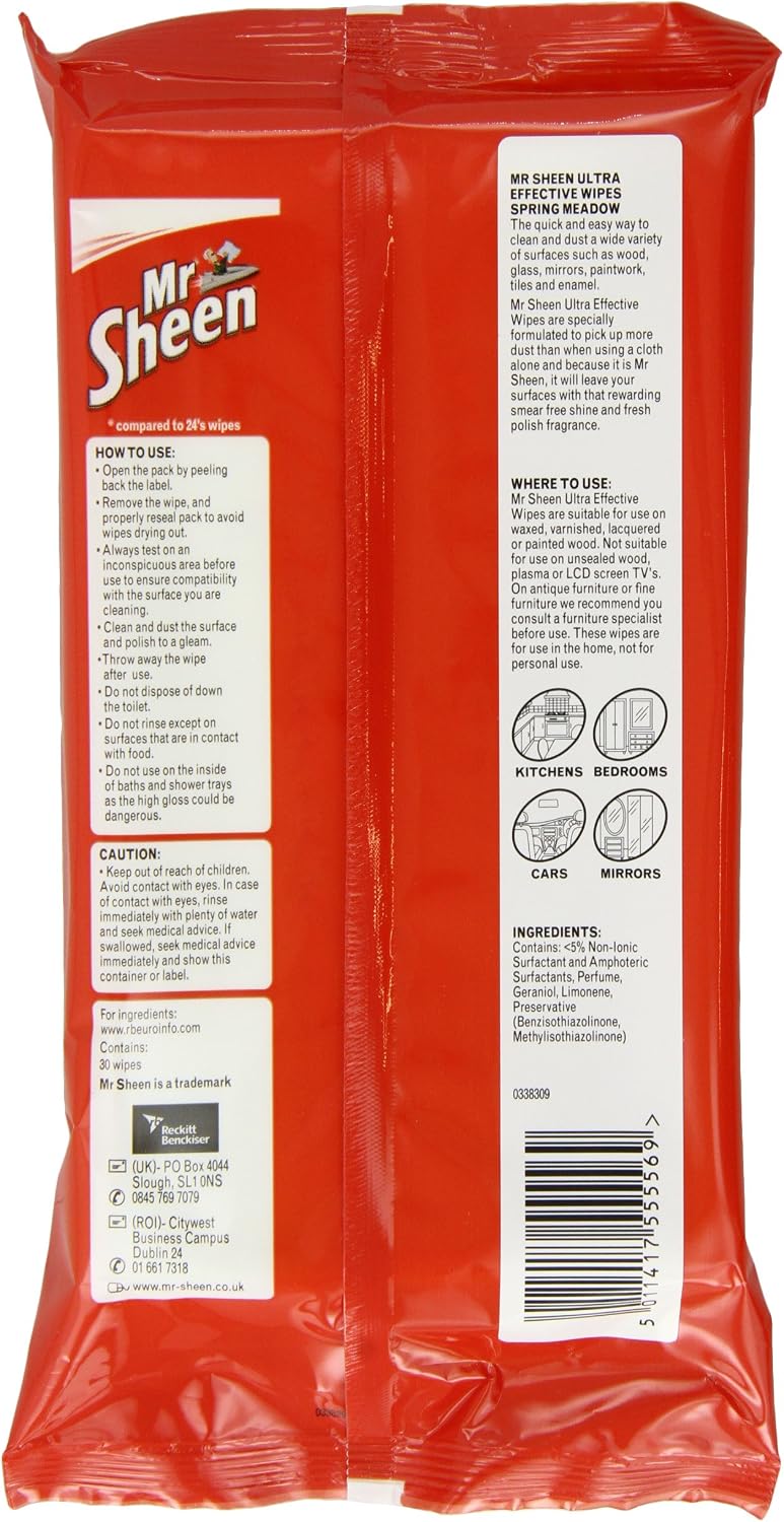 Mr Sheen Multi Surface Wipes, Clean & Dust Wood, Glass Metal & Plastic Surfaces, Scent: Spring Meadow, Size: Pack of 10 - Image 3