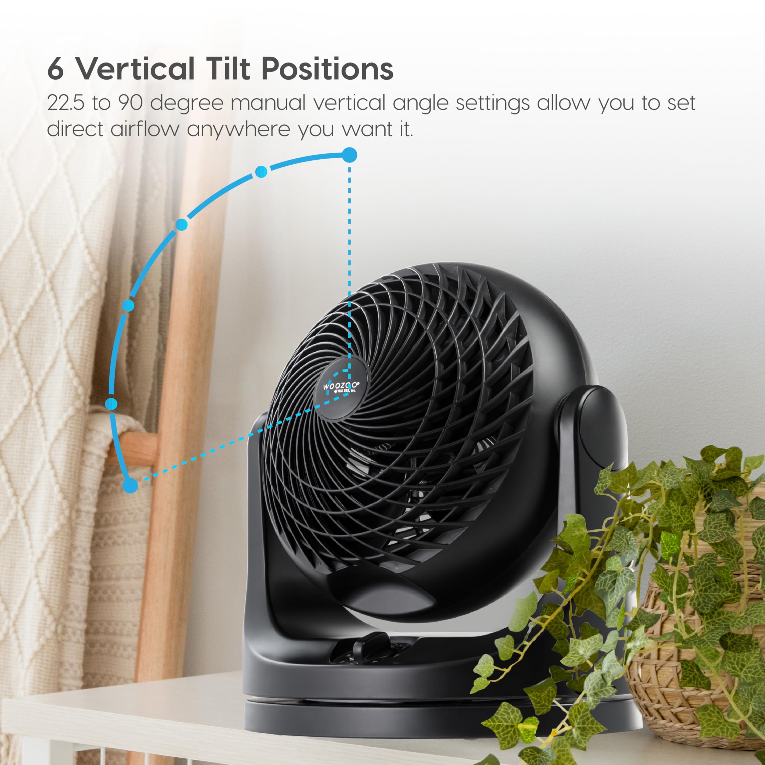 IRIS USA WOOZOO Desk Fan, Oscillating Table Air Circulator, 3 Speeds, 52ft Max Air Distance, 112° Adjustable Tilt, Quiet Motor, Small Fan for Bedroom, Office, Dorm, Black