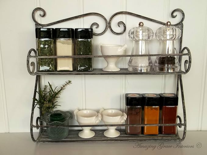 Shabby Chic Vintage French Grey Kitchen Wall Shelf Storage Unit Spice