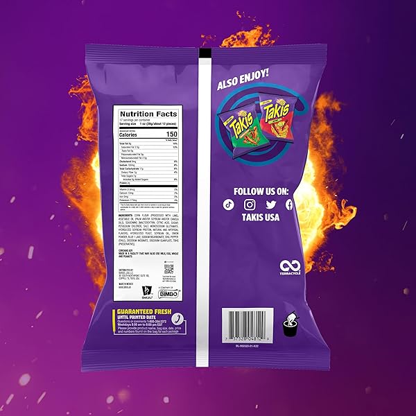 TAKIS BLUE HEAT 17 OZ FIESTA SIZE BAG, HOT CHILI PEPPER FLAVORED EXTREME SPICY ROLLED TORTILLA CHIPS