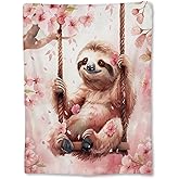 Ti Caldi Sloth on a Swing & Cherry Blossom Blanket, Soft Flannel Throw Blanket for Couch, Bed, Travel, Living Room & Home Decor, Lightweight Cozy Warm Fuzzy Blankets for Adults Women Kids 60×50 in