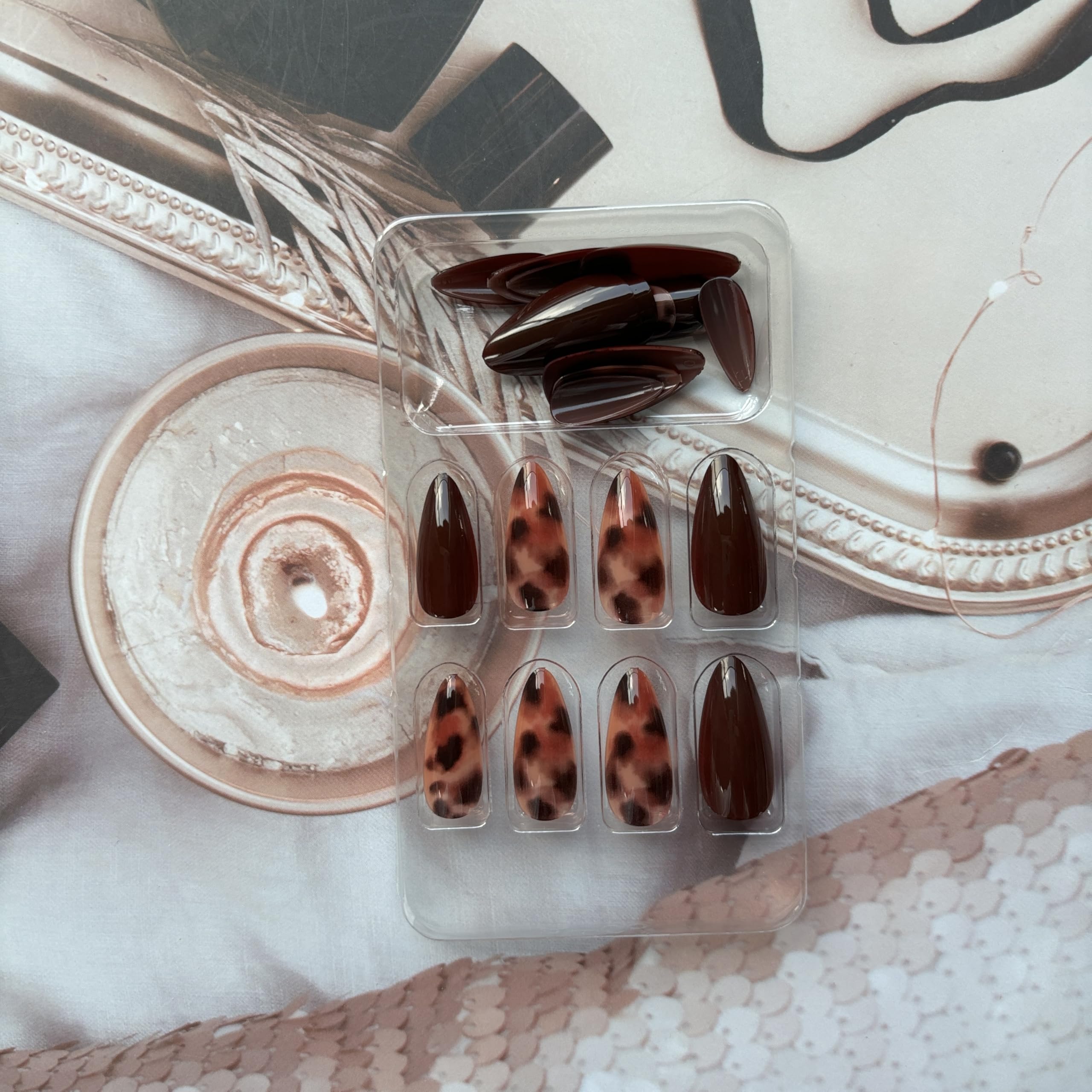 Almond Press on Nails Brown Fake Nails Medium False Nails with Leopard Print Designs Brown Glue on Nails Autumn Stick on Nails Full Cover Almond Thanksgiving Acrylic Nails Glossy Artificial Nails - Image 8