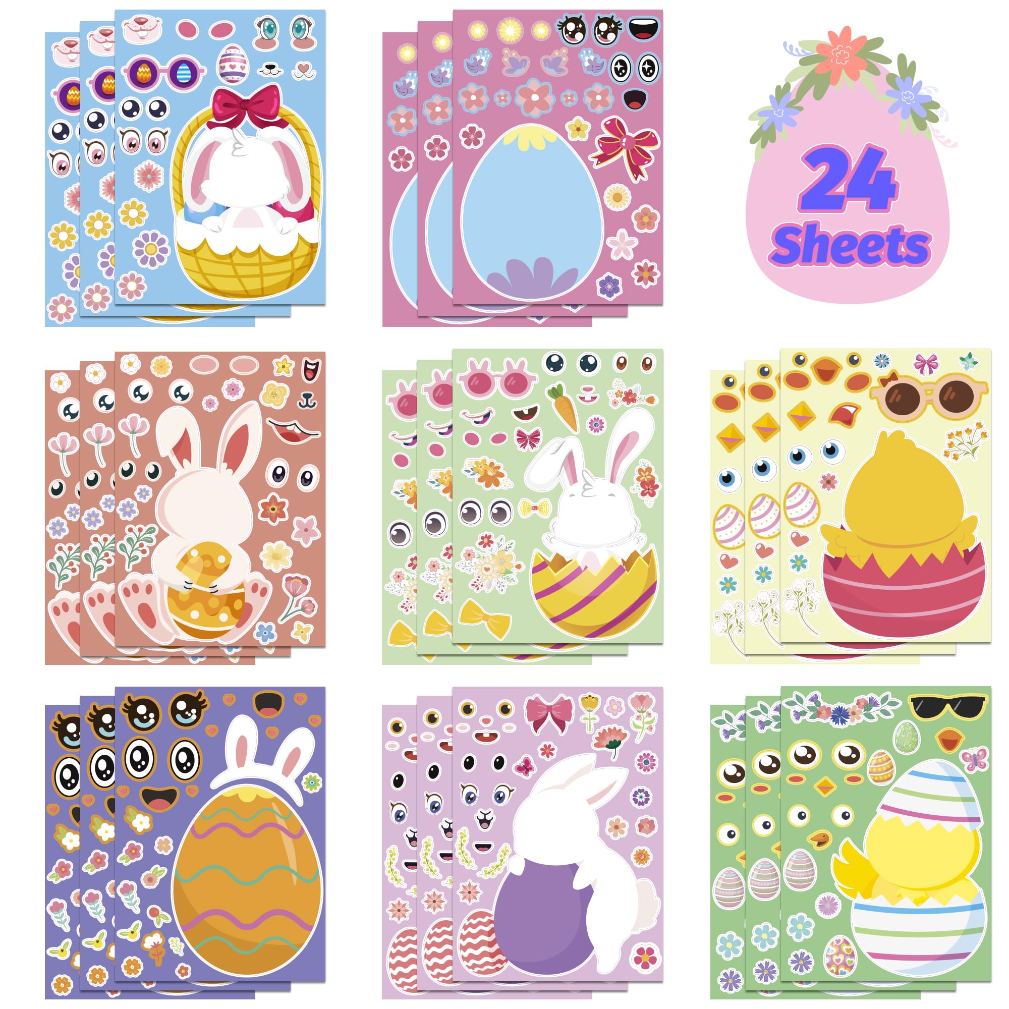 OHOME Easter Basket Stuffers - 24 Sheets Easter Crafts Stickers for Kids | DIY Happy Egg Bunny Easter Gifts Treats Games Toys Activities Decor Party Favor Supplies for Toddlers