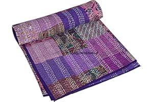 DecorAvenue Patchwork Kantha Quilt,Throw, Handmade Silk Bed Cover,Bedding Bedspread,Vintage Hand Stitch Gudri, Decorative Beach Blanket (Purple, Twin 60" x 90")