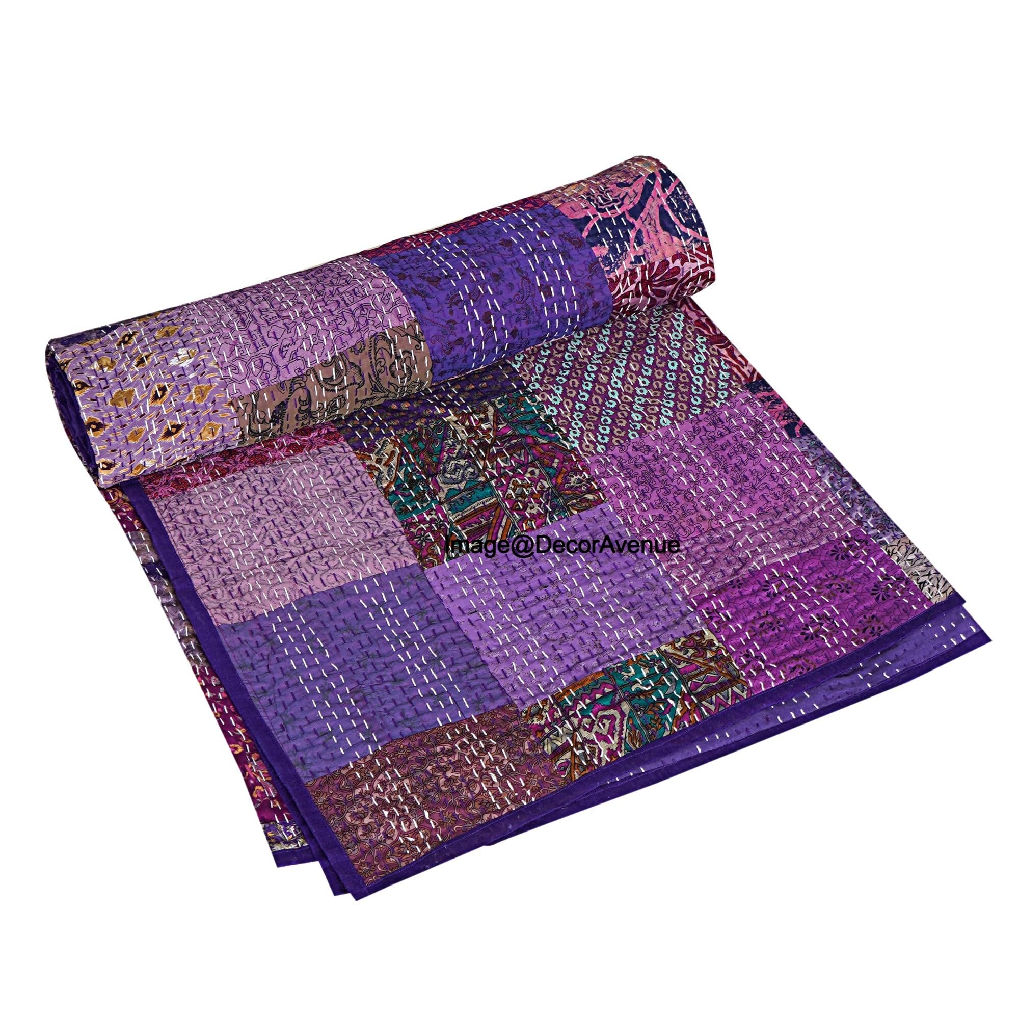DecorAvenue Patchwork Kantha Quilt,Throw, Handmade Silk Bed Cover,Bedding Bedspread,Vintage Hand Stitch Gudri, Decorative Beach Blanket (Purple, Queen 90" x 108")