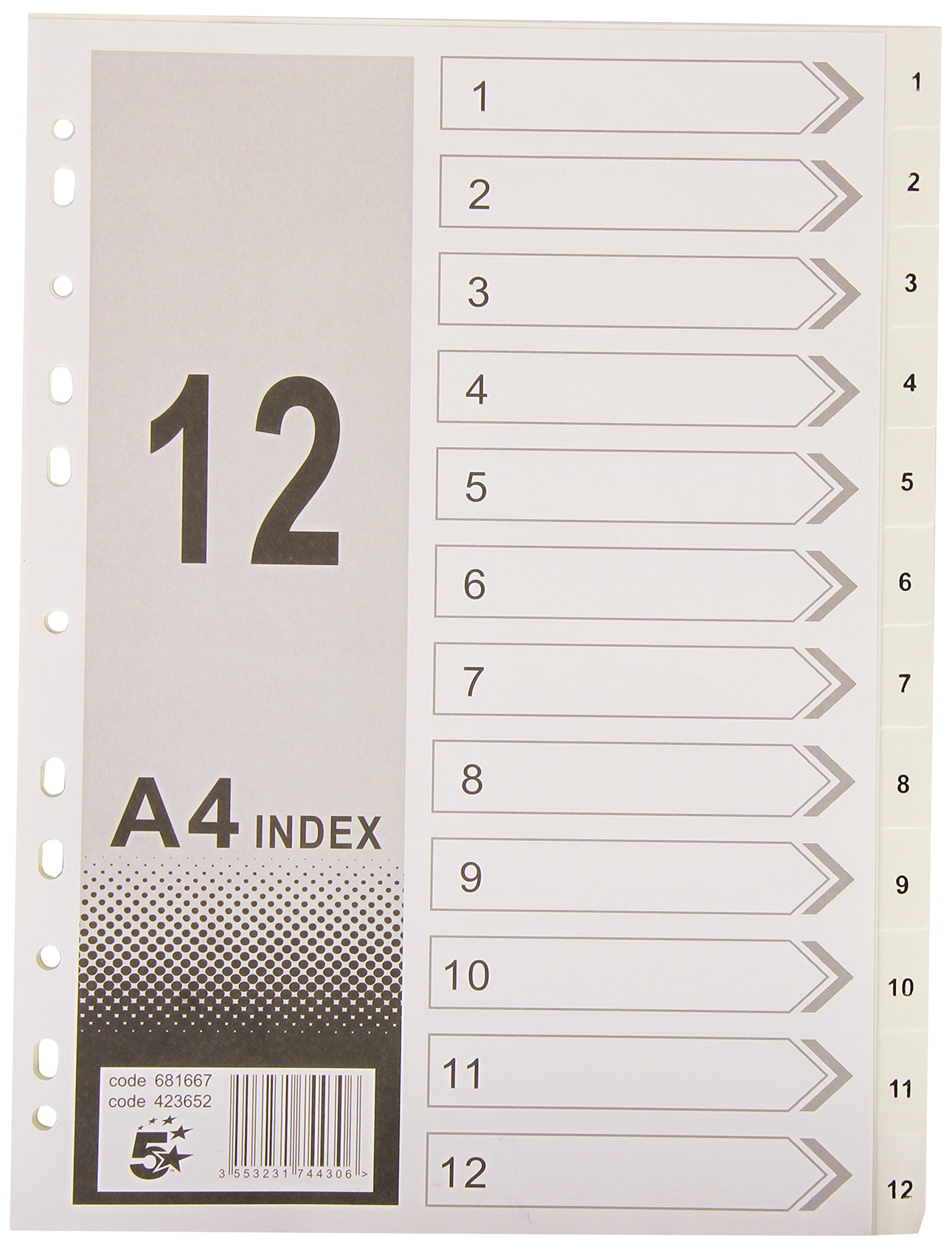5 Star Index Multipunched 120 micron Polypropylene 1-12 A4 White