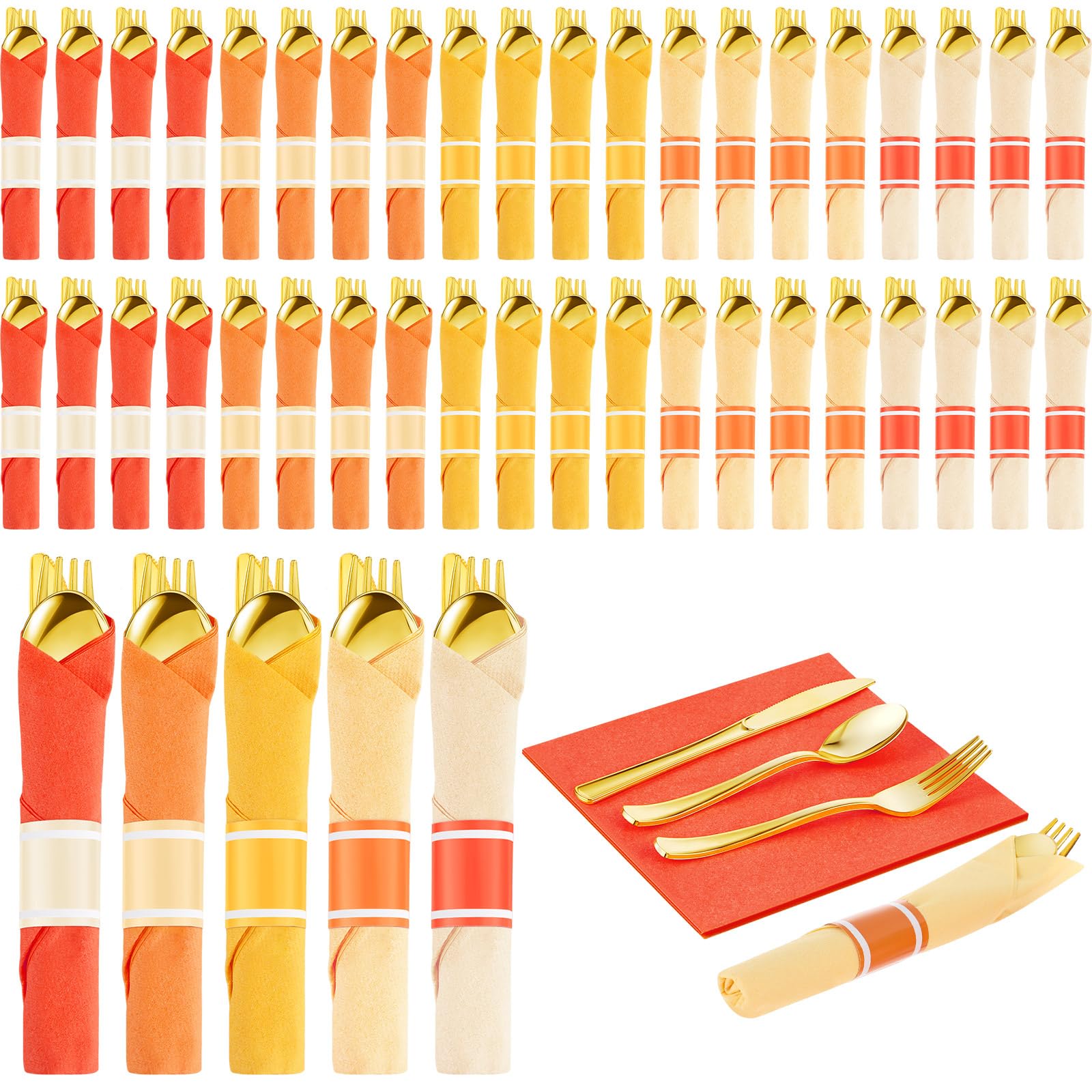 Photo 1 of Lasnten 50 Pcs Pre Rolled Fall Thanksgiving Plastic Silverware Set Gold Disposable Plastic Cutlery Set with 50 Pcs Orange Yellow Napkins, 50 Knives, 50 Forks and 50 Spoons for Halloween Fall Parties