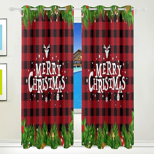 Amazon Com Wozo Merry Christmas Black Red Plaid Window Curtain