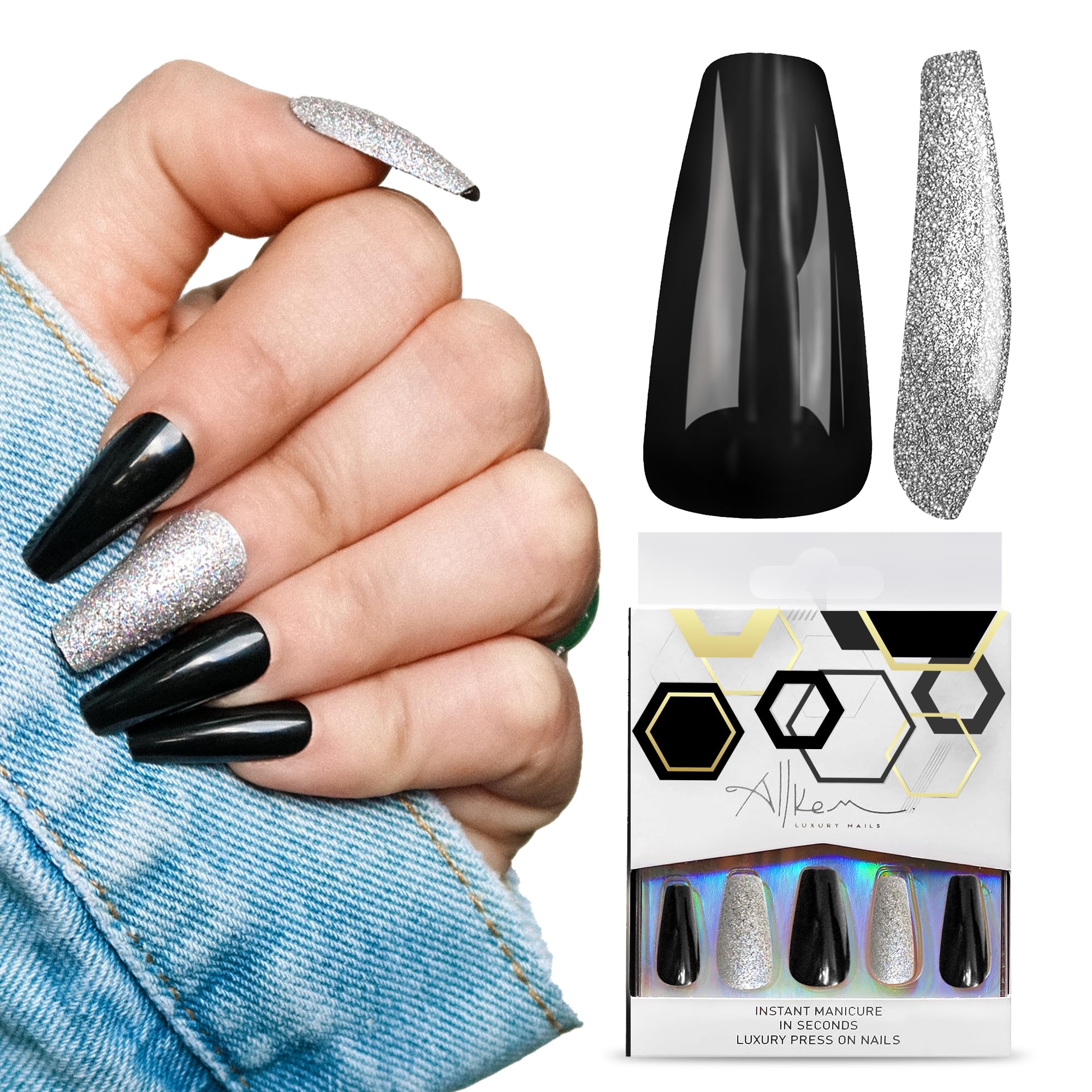 Photo 1 of Allkem Coffin Press on Nails Medium Long Ballerina (20 Pieces) - Glossy Nail Extensions Kit - 10 Sizes Glue on Fake Nails (Midnight Black)