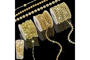 FULZTEY 3 Rolls 66 Feet Pearls String Garland Gold Artificial Beaded Chain for DIY Crafts,3+8mm,4mm,6mm Bead Garland Roll Strand Faux Pearl Strands for Christmas Wedding Party Decoration