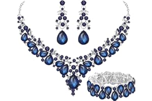 PAXUAN Elegant Bridal Wedding Jewelry Set for Women/Brides/Bridesmaids Teardrop Crystal Leaf Cluster Jewelry Set for Wedding Prom Party Bridal Bridesmaids Rhinestone Crystal Necklace Earrings Bracelet Set