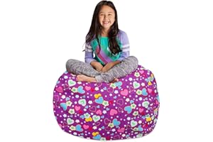 Posh Creations Stuffable Kids Stuffed Animal Storage Bean Bag Chair Cover - Childrens Toy Organizer, Large-38 - Canvas Multi-Colored Hearts on Purple