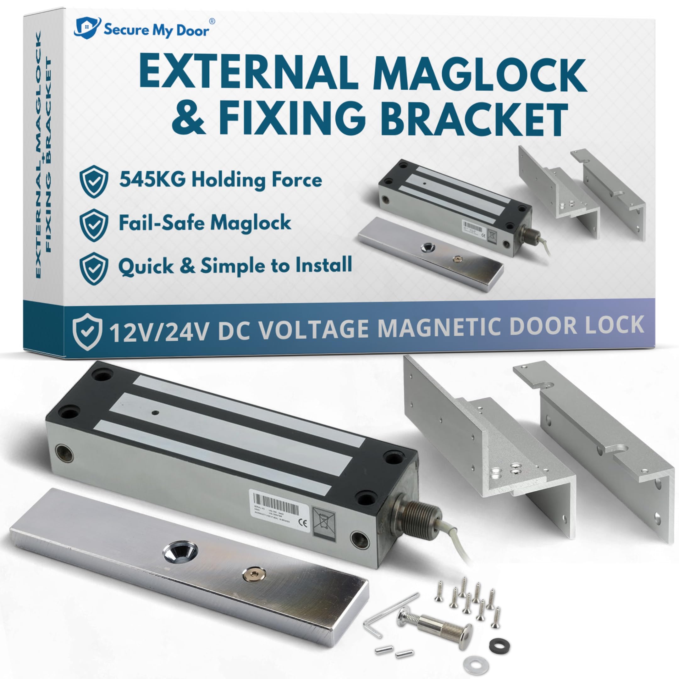 SecureMyDoor IP67 Weather Resistant External Magnetic Lock | Fail Safe Access Control Maglock | Stainless Steel | Ideal for Outdoor Use for Door or Gate (External Lock + Fixing Bracket)