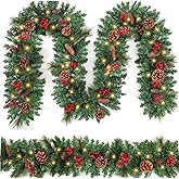 9FT Christmas Garland Decoration Prelit Christmas Garland with 100 Lights - Lighted Garland with Pine Cones Red Berries Cedar Lush 282 Branches Garland for Mantle Stairs Door Tree Timer