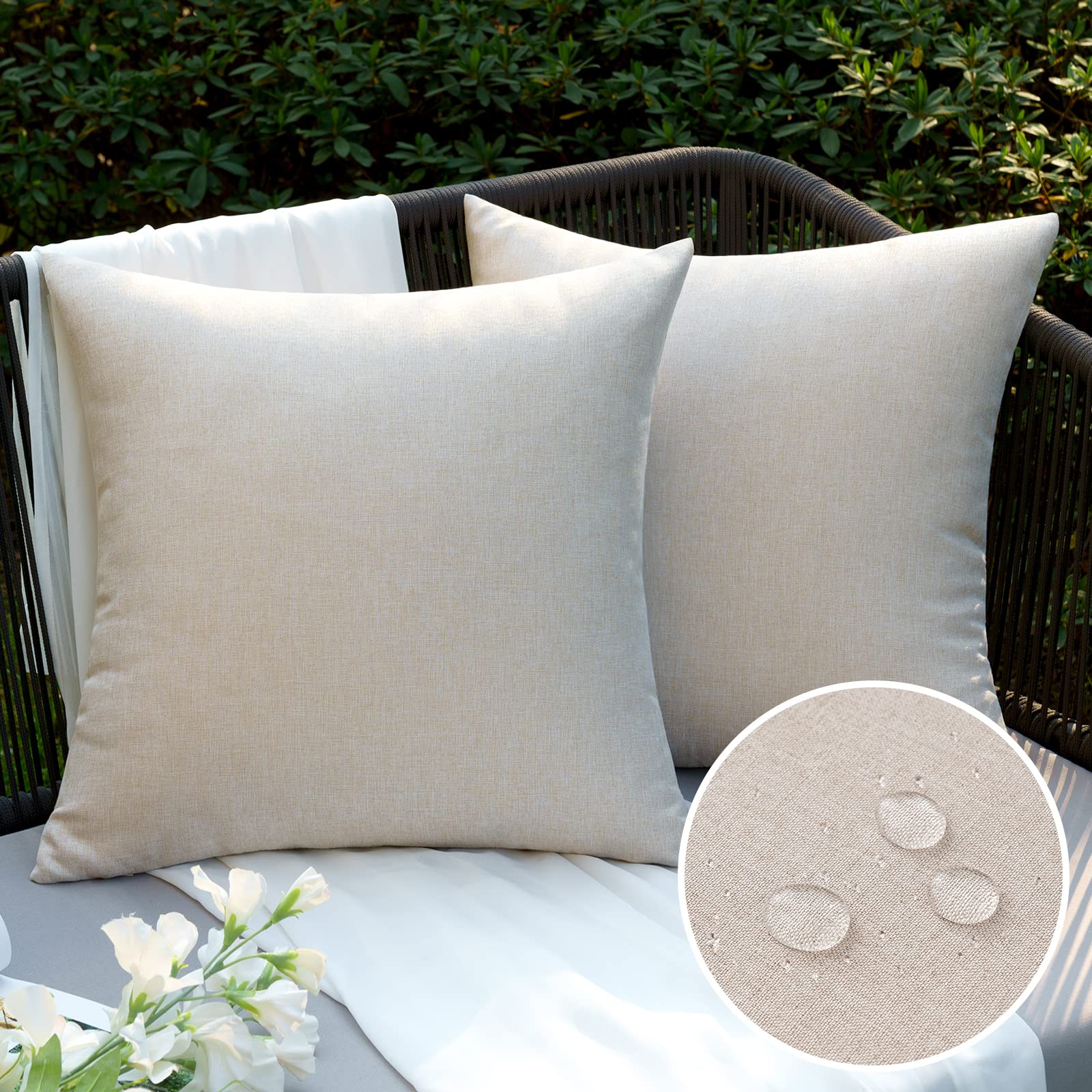 EMEMA Outdoor Cushion Covers Waterproof Decorative 18 x 18 Inch Throw Pillow Covers for Furniture Patio Couch Garden Beige Sofa Bed Linen Balcony Outside Cushions 45 x 45 cm Set of 2