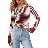 Panadila Womens Striped Long Sleeve Shirts Crewneck Waffle Knit Tops Casual Fitted T Shirts Fall Outfits