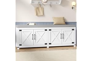 Hzuaneri Shoe Storage Bench, 2 Tier Shoe Bench with Padded Seat Cushion & 4 Barn Doors, Entryway Bench with Adjustable Shelf,