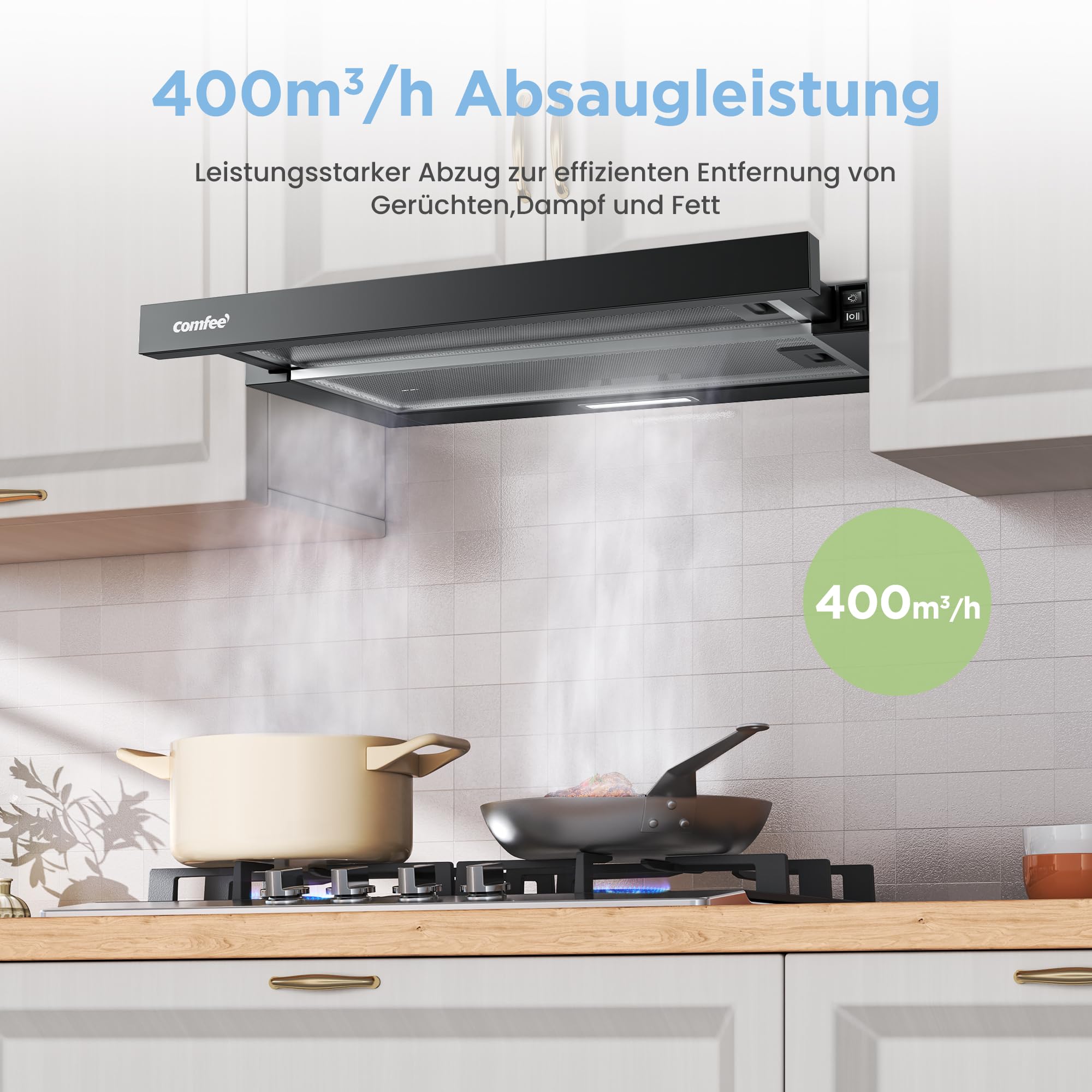 COMFEE' CHL03M21B Flachschirmhaube Dunstabzugshaube 60cm Umluft, 400 m³/h Luftstrom, Dunstabzug Unterbau Integrierte Einbau Flach Abluft Abzugshaube, Schwarz 3