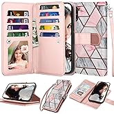 Njjex Wallet Case For Samsung Galaxy Note 10 Plus, For Galaxy Note 10+ Plus 5G Case, [9 Card Slots] PU Leather Card Holder Folio Flip [Detachable] Kickstand Magnetic Phone Cover & Lanyard -Marble Pink