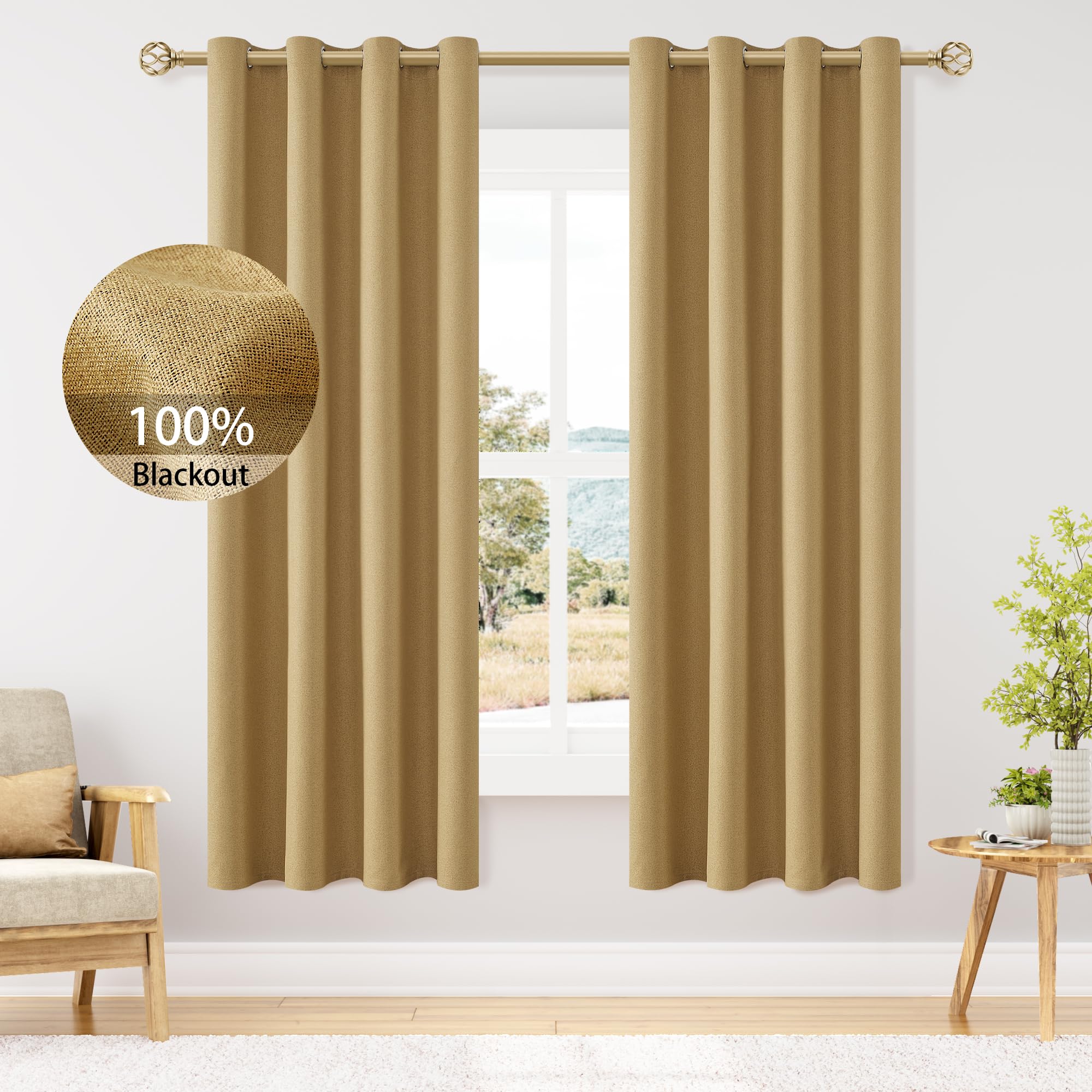 Photo 1 of ChrisDowa 100% Blackout Mustard Yellow Solid Curtains 72 Inches Long 2 Panels for Bedroom Living Room,Farmhouse Room Darkening Thermal Insulated Soundproof Grommet Top Window Treatment Drapes,52x72