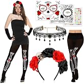 DPKOW Day of the Dead Costume Accessories Dia de los Muertos Headpiece SetB | Sugar Skull Face Tattoo Gems Day of the Dead Headband Black Red Rose Floral Crown Necklace Stockings Halloween Costume Women