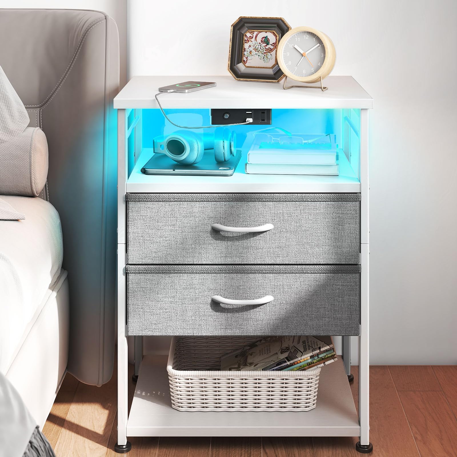 Photo 1 of AODK Night Stand with Charging Station, End Table for Bedroom Tall Nightstand with Drawers, Small Nightstand for Bedroom, 4 Tier Storage Bedside Table, White and Light Grey