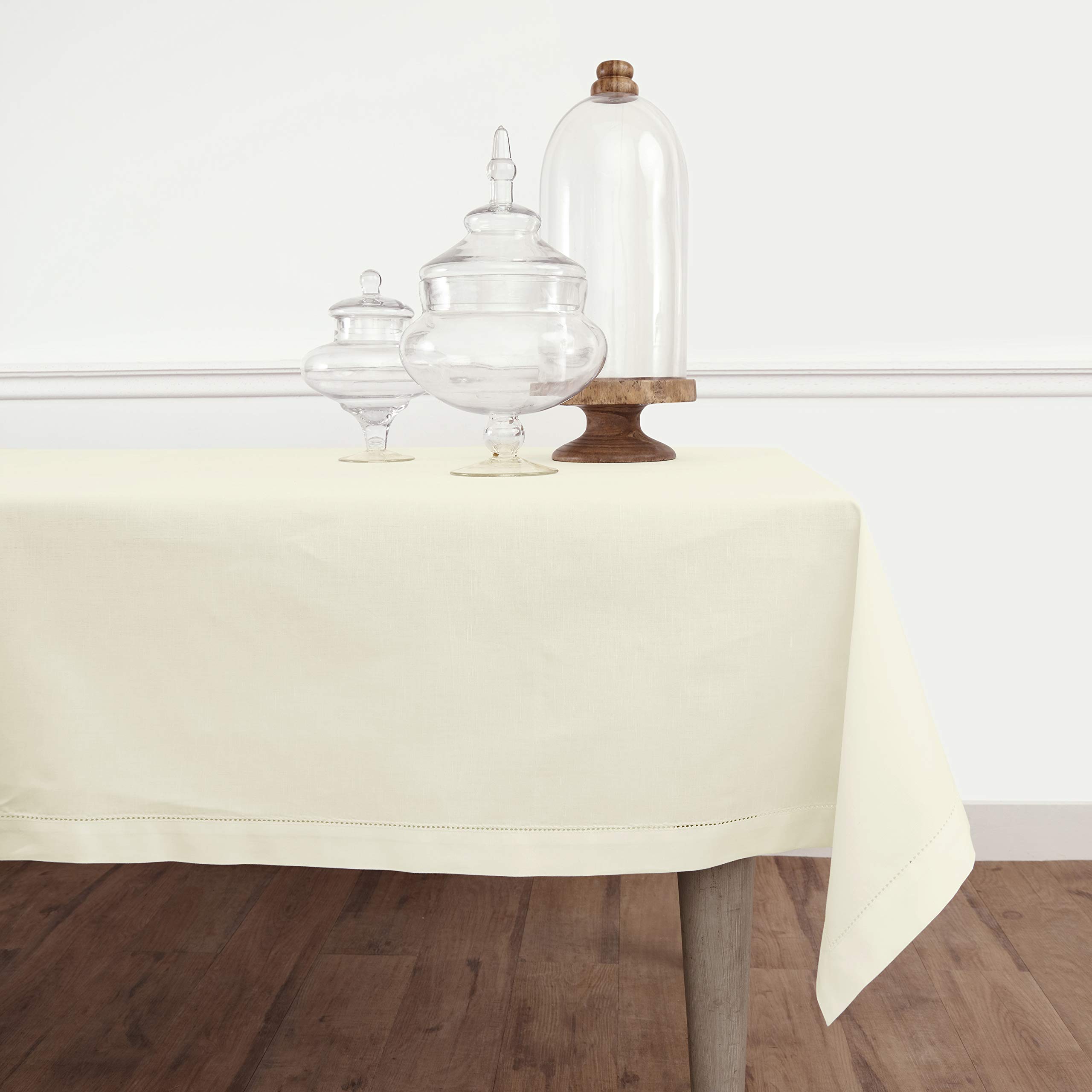 Solino Home Ivory Tablecloth 58 x 120 Inch - Cotton Linen Hemstitch Rectangular Tablecloth - Machine Washable Table Cloth for Summer