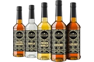 Café Le Rou Coffee Syrup Variety 5-Pack- 25.4 oz Vanilla, French Vanilla, Caramel, Salted Caramel, Hazelnut Coffee Flavoring Syrup for Coffee, Tea and Espresso