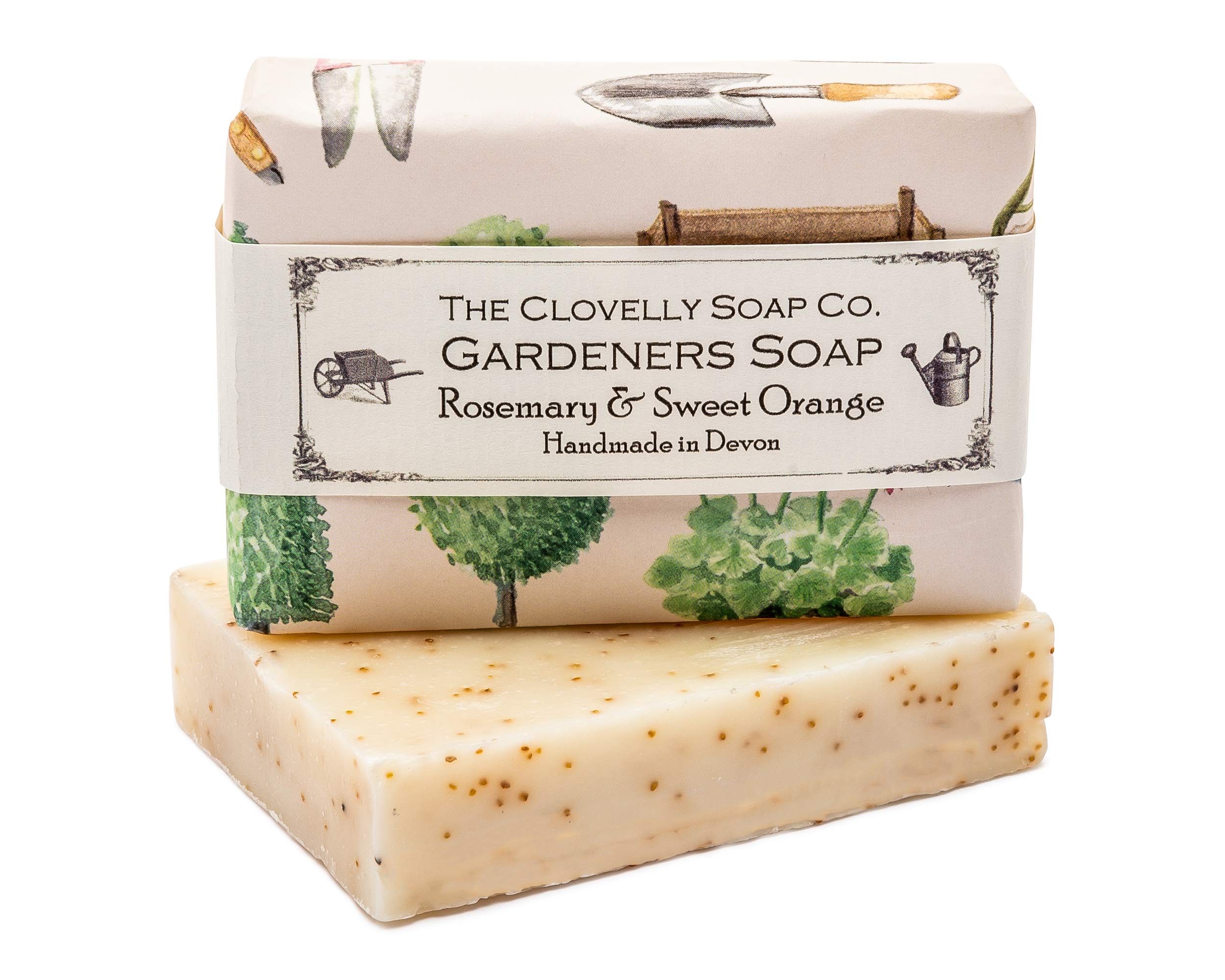 Clovelly Soap Co Natural Handmade Exfoliating Gardeners Soap Bar with Rosemary, Orange & Ground Olive Stone for all Skin Types 100g