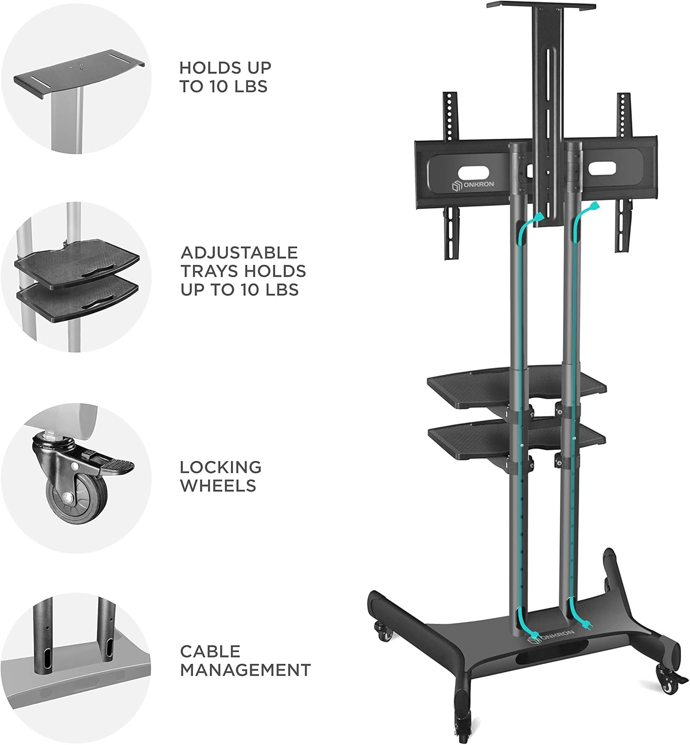 ONKRON Mobile TV Stand with Wheels Rolling TV Cart for 55 to 80 Inch LCD LED Flat Panel TVs (TS1881): Electronics