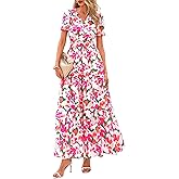 PRETTYGARDEN Women's 2026 Summer Boho Maxi Dresses Floral Short Sleeve V Neck A Line Tiered Flowy Long Beach Vacation Dress