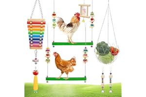 SYMDROMIA 8 Packs Chicken Toys, Chicken Coop Accessories, with 2 Chicken Swing, 2 Sepaktakraw Ornaments, 1 Chicken Mirror, 1Metal Vegetable Net Basket, 1 Vegetable Fruits Hanging Fork
