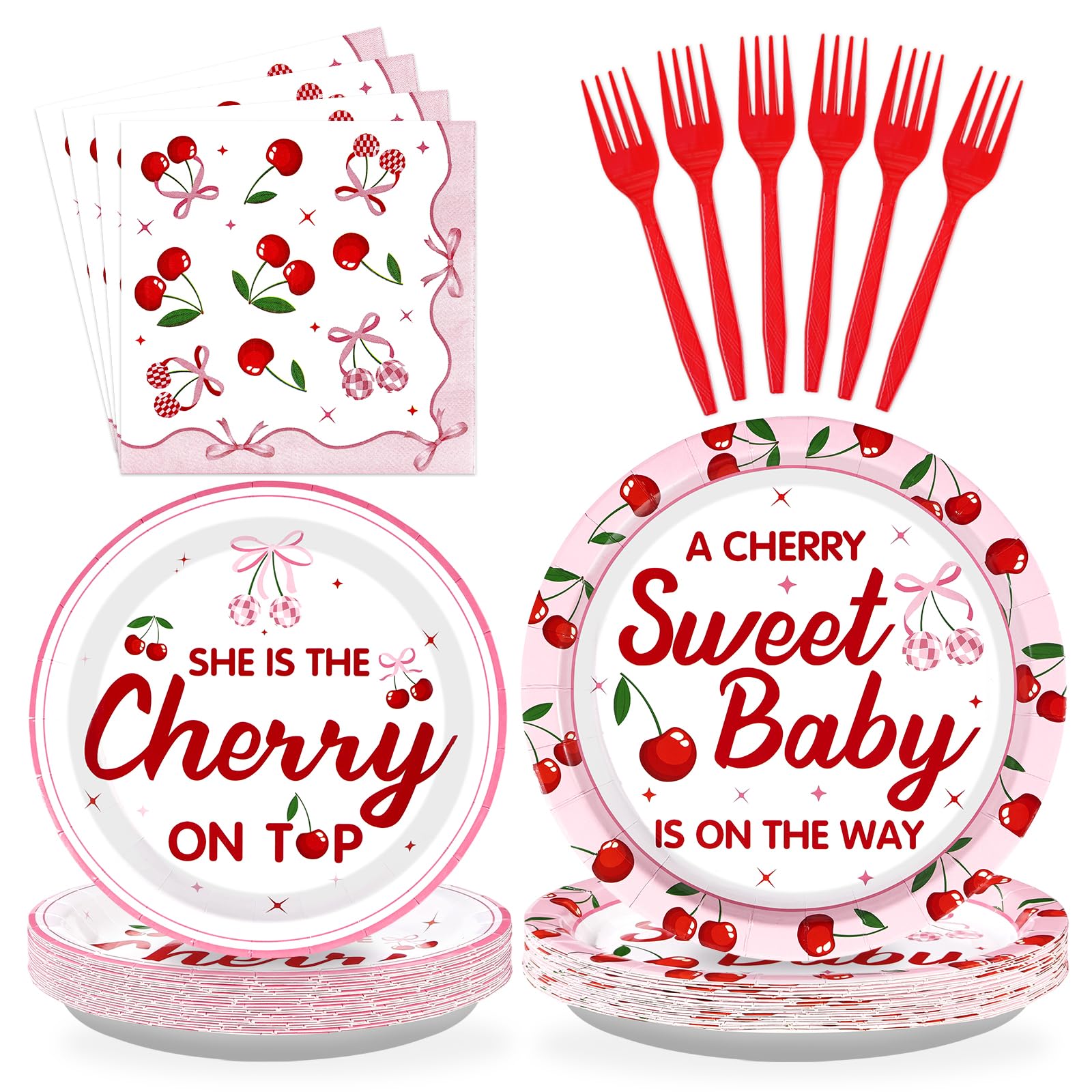 Photo 1 of 96 Pcs Cherry Baby Shower Party Supplies A Cherry Sweet Baby is on the Way Plates and Napkins Tableware Set for Girls Baby Shower Birthday Party Decorations Fruit Themed Party Supplies Serves 24