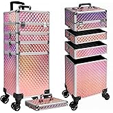 Buanson 5 in 1 Rolling Makeup Train Case on Wheels Large Cosmetic Organizer Travel Cart for Women Beauty Salon Barber Hairstylist Pink