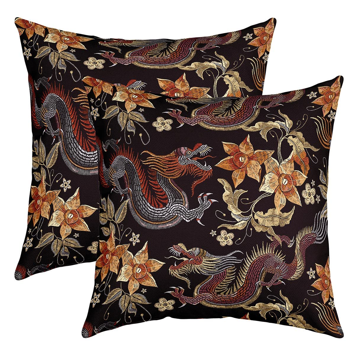 Set of 2 Dragon Throw Pillow Covers Traditional Exotic Dragon Print Cushion Case for Living Room Decor Reversible Chinese Style Botanical Floral Flower Print Decorative Throw Cushion Case 20x20 Inch