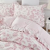 Brandream French Country Toile Duvet Cover Twin Size Set for Girls Women Bedroom Vintage Pink Toile Floral Print 100% Cotton Kids Duvet Quilt Comforter Cover Pillow Shams Set with Ruffles Design
